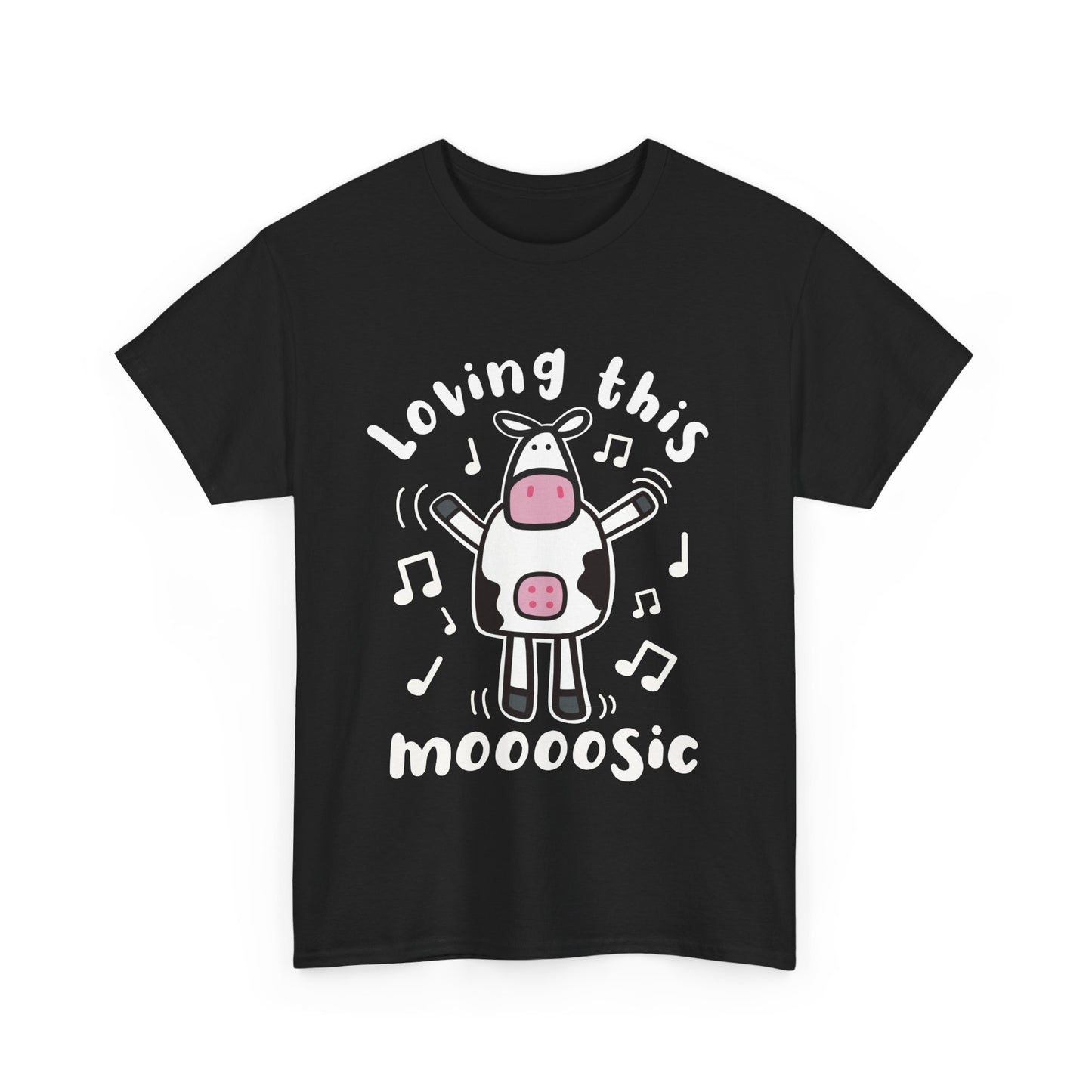 Funny Cartoon Cow T-Shirt 'Loving This Moooosic' Cow & Music Lover Tee, Festival & Concert Outfit, Cute Animal Pun Gift UK