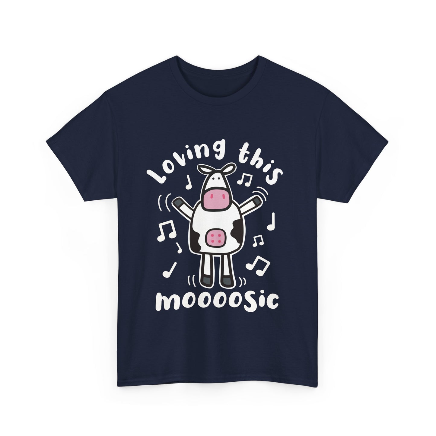 Funny Cartoon Cow T-Shirt 'Loving This Moooosic' Cow & Music Lover Tee, Festival & Concert Outfit, Cute Animal Pun Gift UK