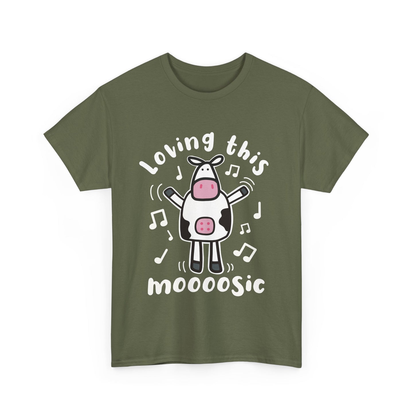 Funny Cartoon Cow T-Shirt 'Loving This Moooosic' Cow & Music Lover Tee, Festival & Concert Outfit, Cute Animal Pun Gift UK
