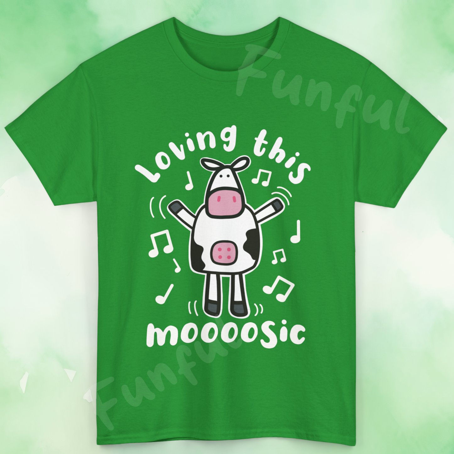 Funny Cartoon Cow T-Shirt 'Loving This Moooosic' Cow & Music Lover Tee, Festival & Concert Outfit, Cute Animal Pun Gift UK