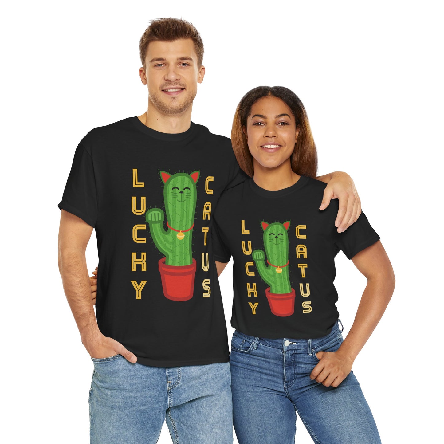 Lucky Cat Cactus Unisex Heavy Cotton Tee - Fun & Whimsical Design