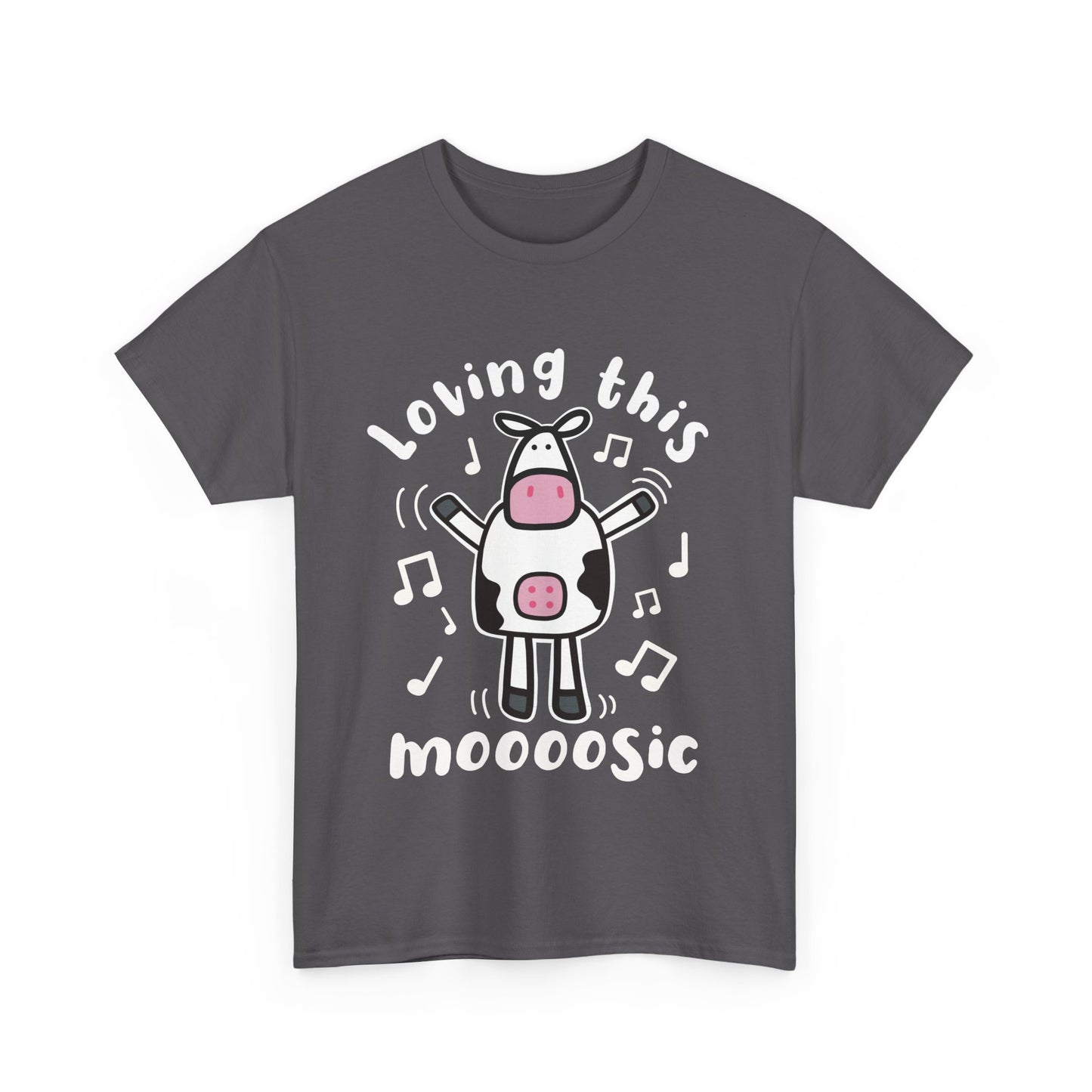 Funny Cartoon Cow T-Shirt 'Loving This Moooosic' Cow & Music Lover Tee, Festival & Concert Outfit, Cute Animal Pun Gift UK