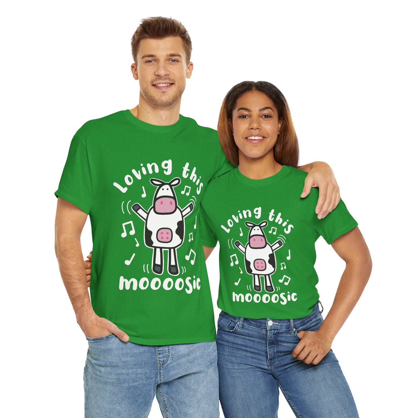 Funny Cartoon Cow T-Shirt 'Loving This Moooosic' Cow & Music Lover Tee, Festival & Concert Outfit, Cute Animal Pun Gift UK