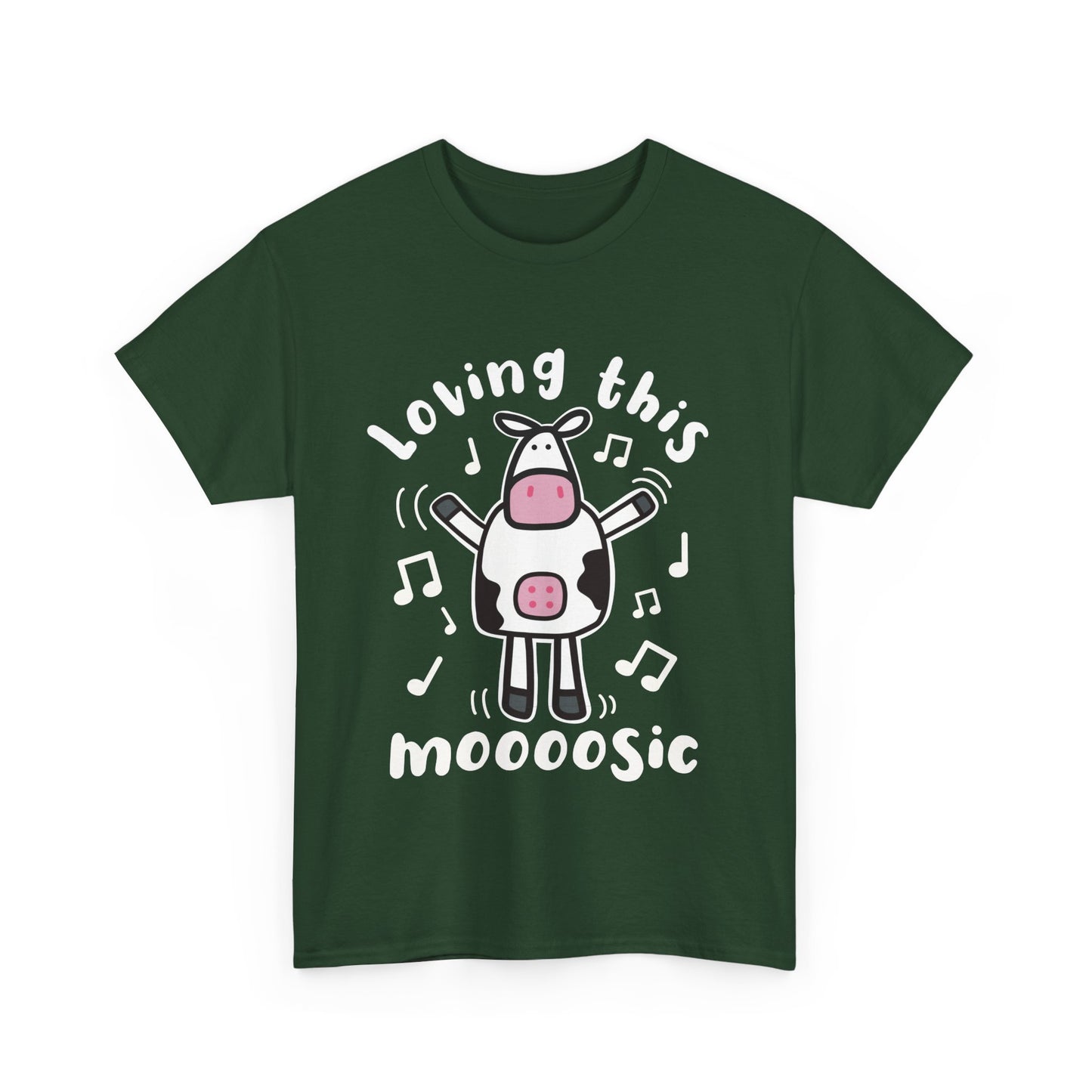 Funny Cartoon Cow T-Shirt 'Loving This Moooosic' Cow & Music Lover Tee, Festival & Concert Outfit, Cute Animal Pun Gift UK