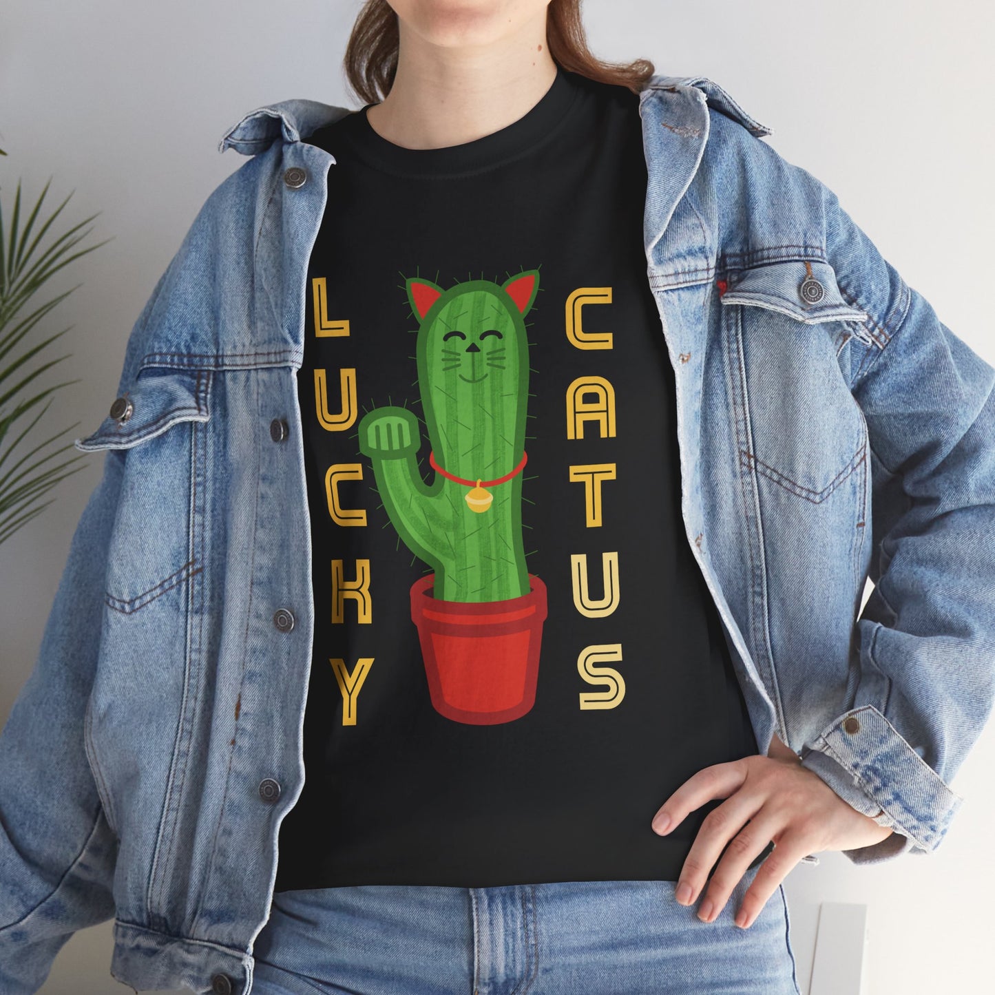 Lucky Cat Cactus Unisex Heavy Cotton Tee - Fun & Whimsical Design